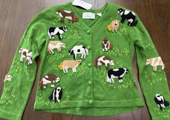 Dream Catcher Sweaters - Dream Catcher Green Knitting Cows 3D Cottagecore Granny Cardigan Sweater Size M